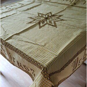 Vintage Gingham Tablecloth 34x32 Gold White Brown Cross Stitch “We Give Thanks”